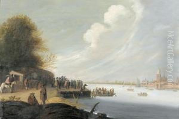 Flusslandschaft Mit Fahre Und Stadt Oil Painting by Pieter de Bloot