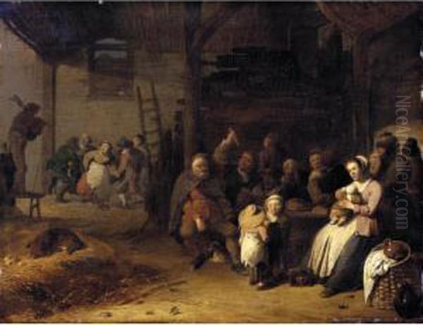 A Barn Interior With Peasants Eating And Dancing To The Music Of Bagpipes Oil Painting by Pieter de Bloot