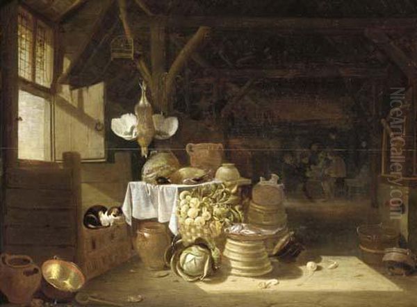 A Kitchen Interior With Boors Smoking In The Background Oil Painting by Pieter de Bloot