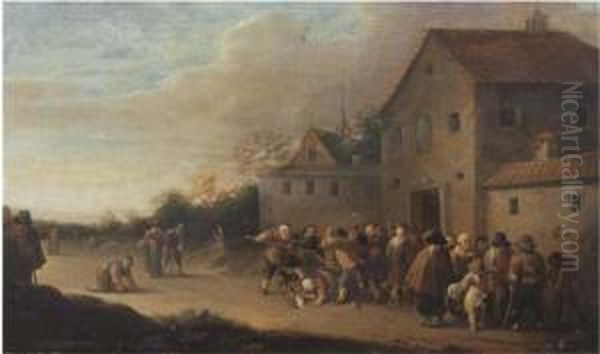 A Village Landscape With The Distribution Of Bread To The Poor Oil Painting by Pieter de Bloot