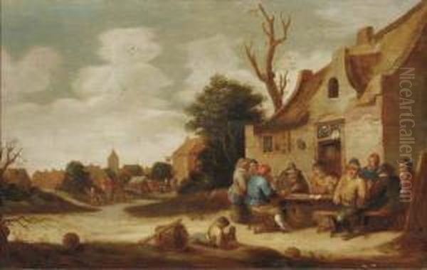 Boors Smoking And Drinking Outside An Inn, A Village In Thedistance Oil Painting by Pieter de Bloot