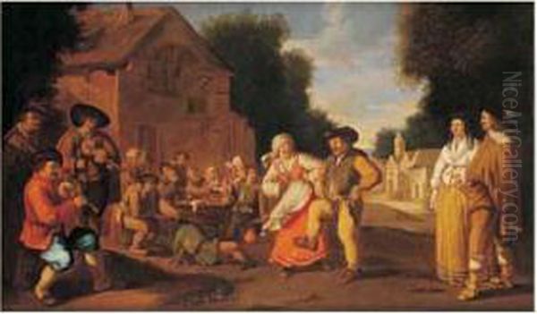 Scene De Danse Paysanne Devant Une Auberge Oil Painting by Pieter de Bloot