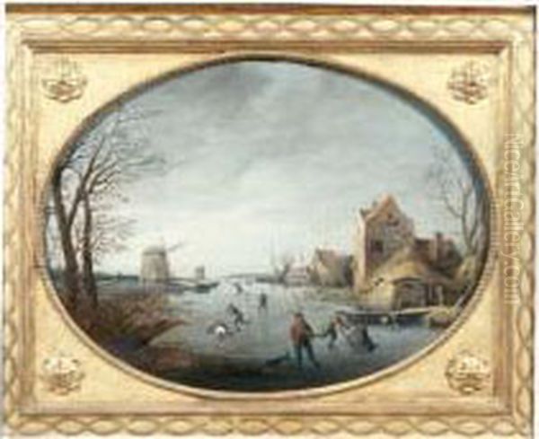 Patineurs Sur Une Riviere Gelee Pres D'un Moulin Oil Painting by Pieter de Bloot