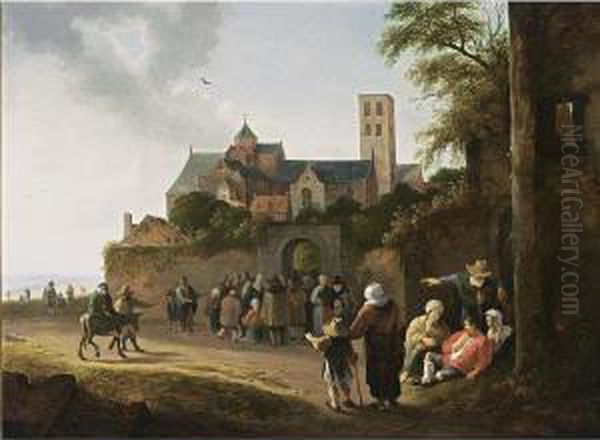 Utrecht: The Mariakerk With 
Travellers, Pilgrims And Beggars Outside The City Walls Going To The 
Church Oil Painting by Pieter de Bloot