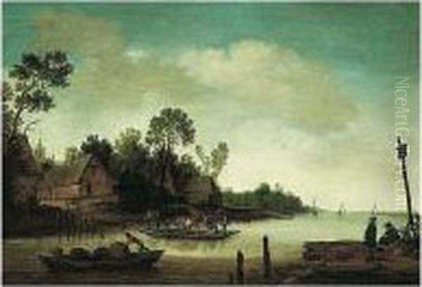 A River Landscape With A Ferry-boat Near A Village Oil Painting by Pieter de Bloot