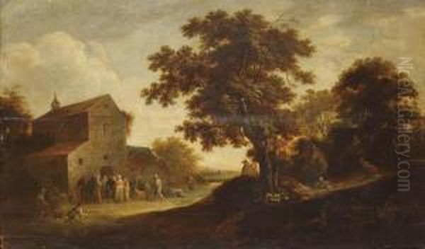 A Wooded Landscape With Peasants Gathered Outside A Church Oil Painting by Pieter de Bloot