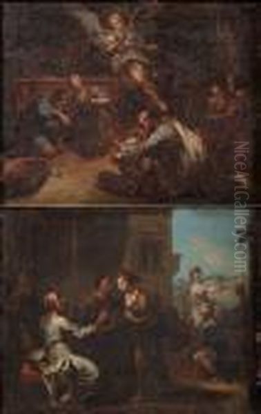 L'archange Raphael Prend Conge De La Famille De Tobie Oil Painting by Bon De Boulogne