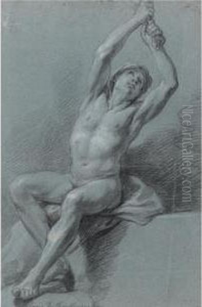 A Seated Male Nude, Arms Raised, Pulling On A Cloth Oil Painting by Louis de, the Younger Boulogne