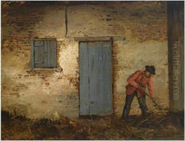 A Peasant At Work In Front Of A Farmhouse Oil Painting by Henri De Braeckeleer