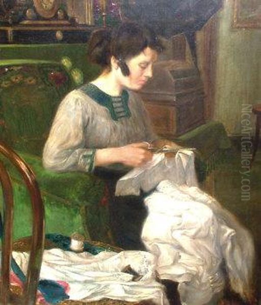 Portrait Of A Lady Sewing In An Interior Oil Painting by Henri De Braeckeleer