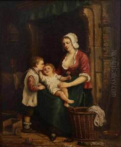 Mother And Two Children Near The Fire Place Oil Painting by Adrien Ferdinand de Braekeleer