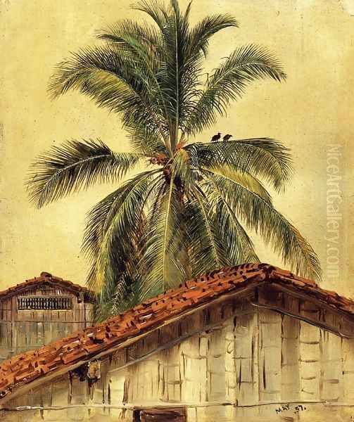 Palm Trees and Housetops, Ecuador Oil Painting by Frederic Edwin Church