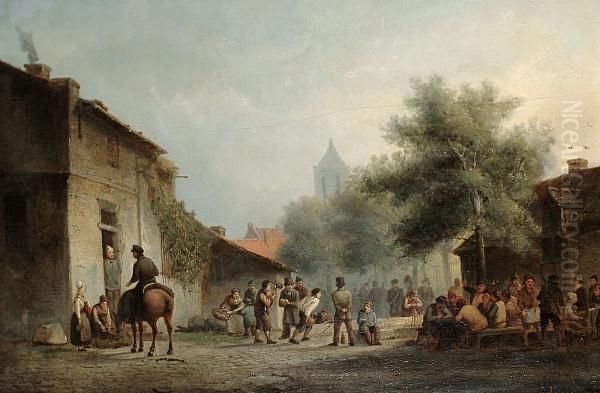 Village Scene Oil Painting by Adrien Ferdinand de Braekeleer