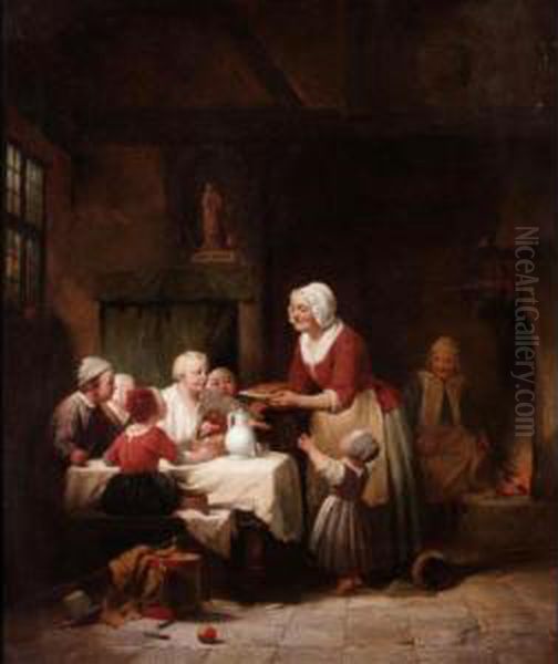 An Interior With An Elderly Lady Cooking For Some Children Oil Painting by Adrien Ferdinand de Braekeleer