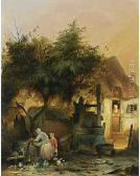 A Farm Yard With A Vegetable Seller Oil Painting by Adrien Ferdinand de Braekeleer