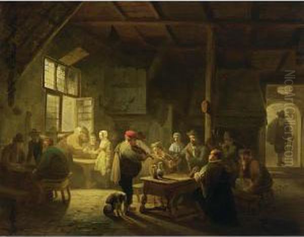 A Busy Tavern Scene Oil Painting by Adrien Ferdinand de Braekeleer