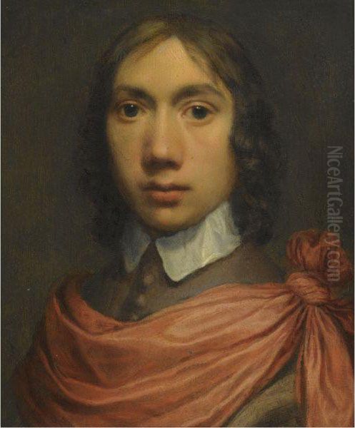 Portrait Of A Young Man, Head 
And Shoulders In A Brown Coat With Awhite Collar And A Red Sash Oil Painting by Jan De Bray