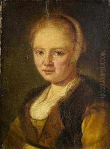 Portrait Of A Young Woman, Bust-length, In Brown Costume With A Fur-trimmed Jerkin Oil Painting by Jan De Bray