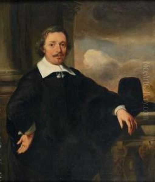 Portrait D'homme Accoude A La Balustrade Oil Painting by Jan De Bray