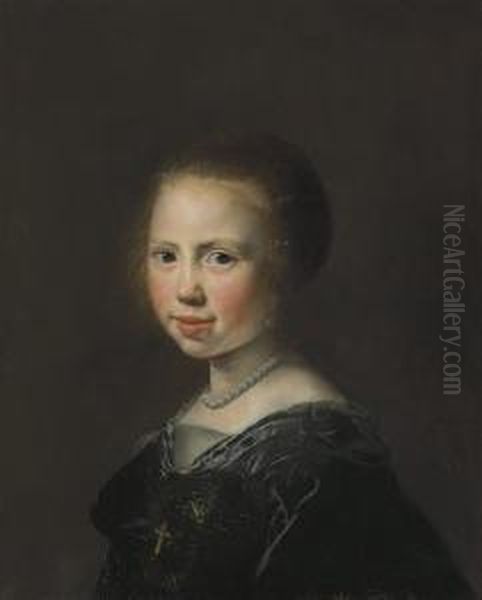 Portrait Of A Young Girl, Bust-length, In A Black Dress And Pearlnecklace Oil Painting by Jan De Bray