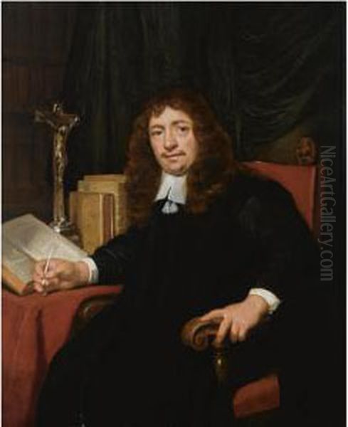 Portrait Of A Man Seated At A Table In His Study, Holding A Pen Oil Painting by Jan De Bray