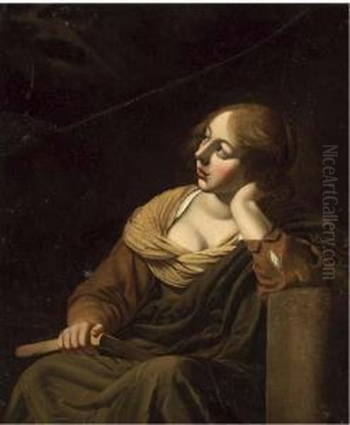 A Girl Looking Up In Adoration, (the Annunciation ?) Oil Painting by Jan De Bray