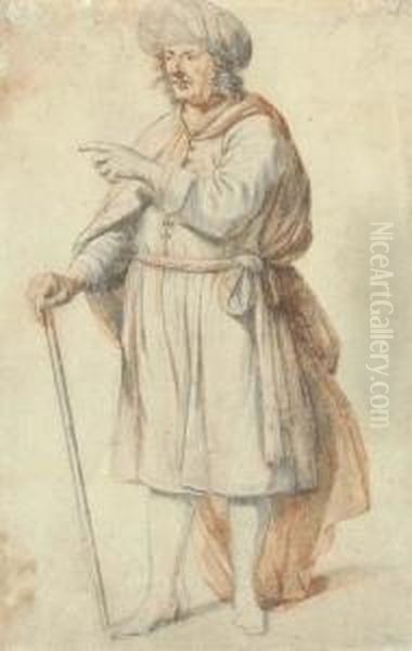 Un Personnage En Costume Oriental, Pointant Vers La Gauche Etportant Une Canne Oil Painting by Salomon de Bray