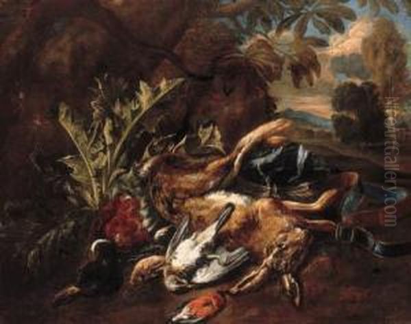 A Hunting Still Life With A Hare, A Mallard And Songbirds In Alandscape Oil Painting by Bernaert De Bridt