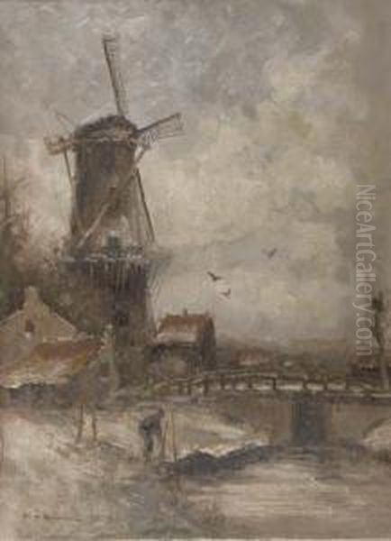 A Windmill By A River In Winter Oil Painting by Cornelis De Bruin