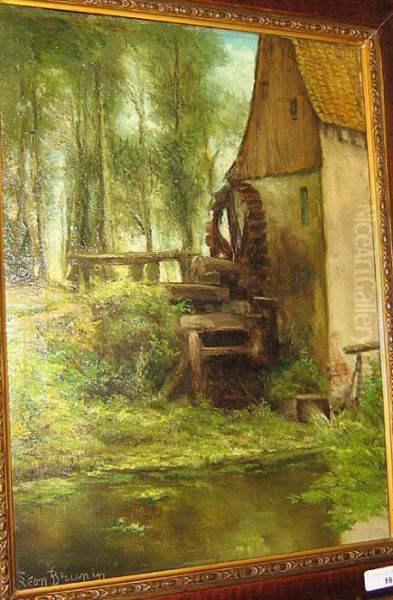 Le Moulin A Eau Oil Painting by Leon Meuter De Brunin