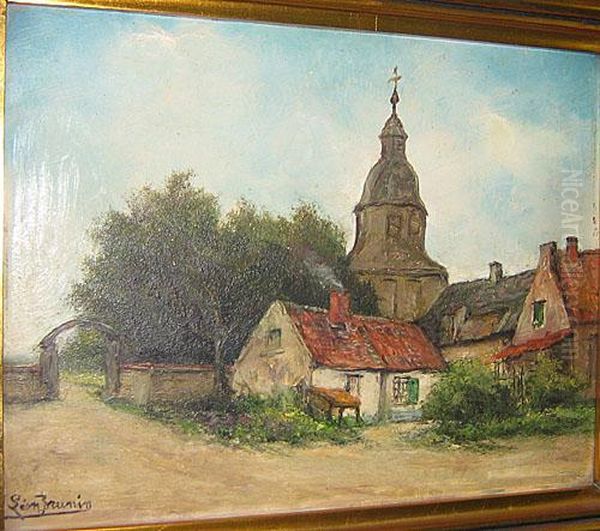 Ferme Et Eglise Oil Painting by Leon Meuter De Brunin