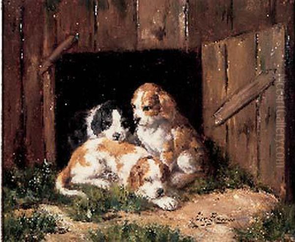 Trois Jeunes Chiots, Circa 1900 Oil Painting by Leon Meuter De Brunin