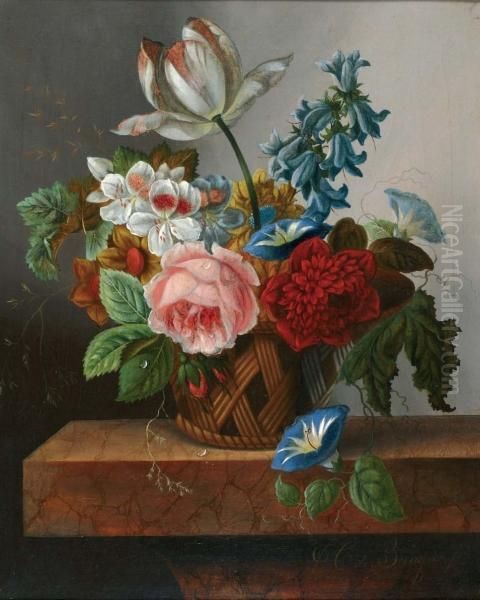 Stilleven Met Bloemen In Mand Oil Painting by Cornelis Johannes De Bruyn