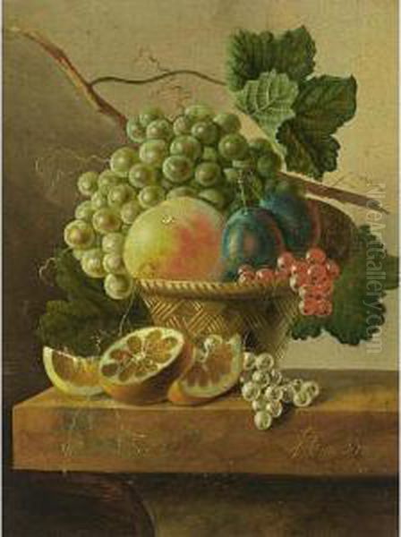 A Still Life Of Grapes, A Peach,
 Prunes And Red Currants In A Basket, Together With An Orange And White 
Currants On A Marble Ledge Oil Painting by Cornelis Johannes De Bruyn