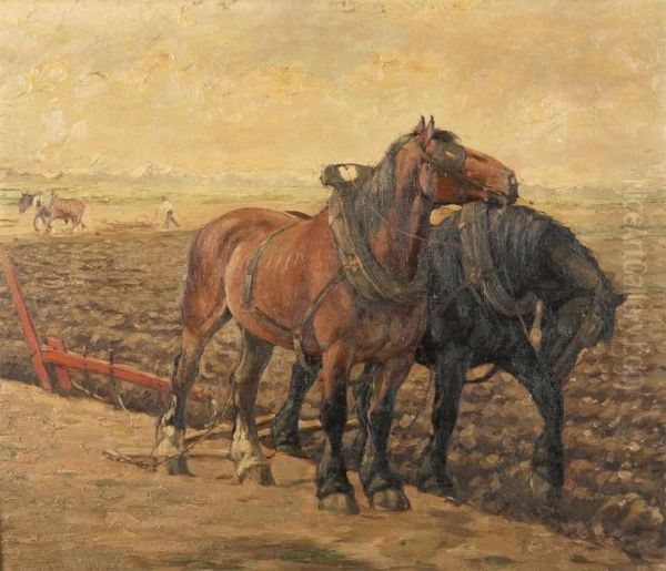 Two Farm Horses At The Field Oil Painting by Constant De Busschere