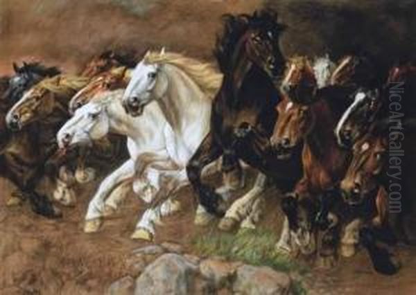 Paarden Oil Painting by Constant De Busschere