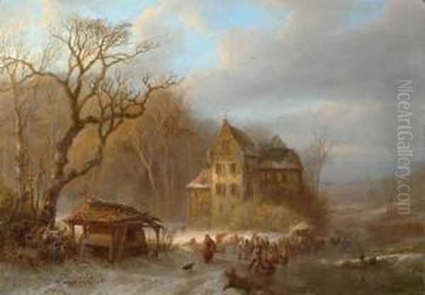 Winter Landscape With River Oil Painting by Alfred Edouard De Bylandt