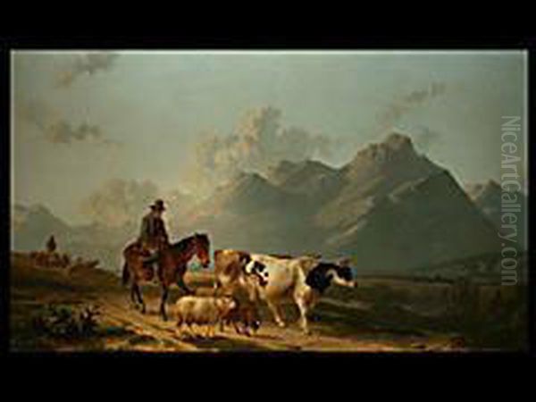 Bauer Mit Huhnerkorb Zu Pferd Mit Vieh Auf Dem Heimweg Oil Painting by Alfred Edouard De Bylandt