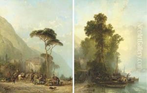 Market Day In Cannollio; And End Of The Day, Maggiore Oil Painting by Alfred Edouard De Bylandt