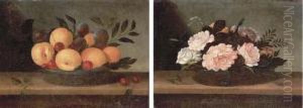 Peaches, Cherries And Plums In A
 Glass Platter On A Wooden Ledge;and Peonies, Roses And Daisies In A 
Glass Bowl On A Woodenledge Oil Painting by Pedro de Camprobin