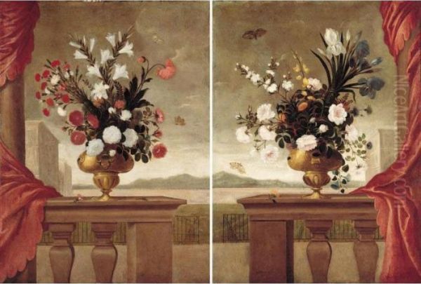 Still Lifes Of Lilies, Roses, 
Irises, Morning Glory And Carnations, Arranged In Gilt Vases, Upon A 
Stone Balustrade Draped With A Red Curtain, Surrounded By Butterflies, 
With A View Overlooking The Grounds Of A Palace Oil Painting by Pedro de Camprobin