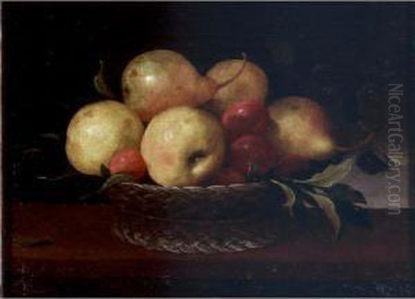 Still Life Of Pears, Plums, And Apples In A Basket Resting On A Ledge Oil Painting by Pedro de Camprobin