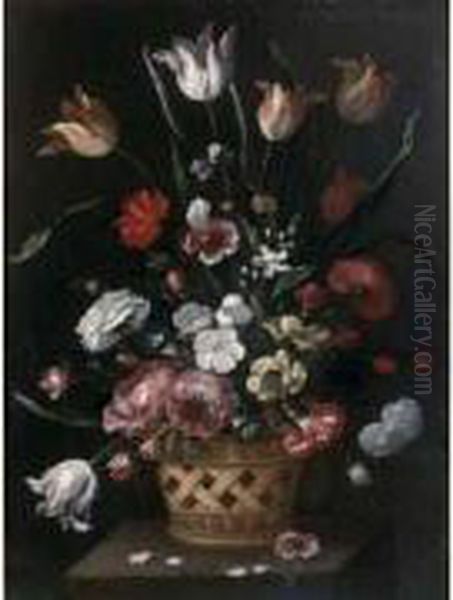  Grand Bouquet De Fleurs Dans Un Vase En Osier Tresse  Oil Painting by Pedro de Camprobin