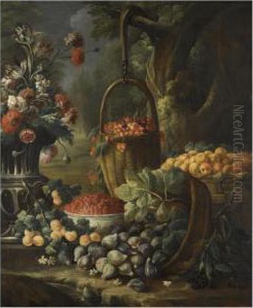 An Upturned Basket Of Figs, 
Together With Apricots, Other Fruit Andflowers In A Landscape Setting Oil Painting by Baldassare De Caro