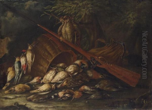 Still Life With Dowitcher, 
Hoopoe, Woodpecker, Yellowhammer Andother Game Birds, A Hunting Bag And A
 Gun, On A Forest Floor Oil Painting by Baldassare De Caro