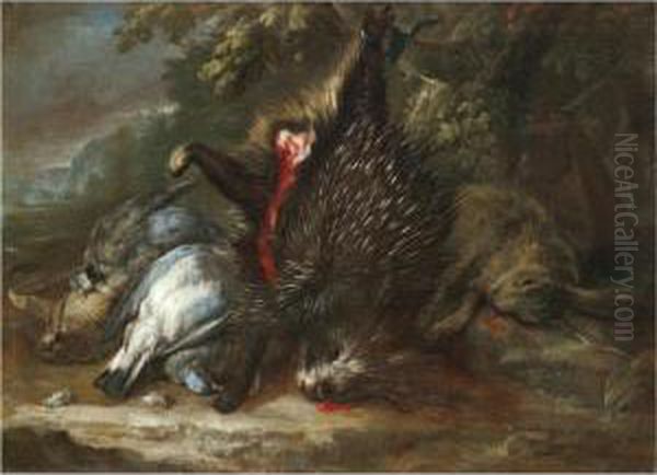 A Still Life With Dead Game And A Porcupine Hanging From A Branch Oil Painting by Baldassare De Caro