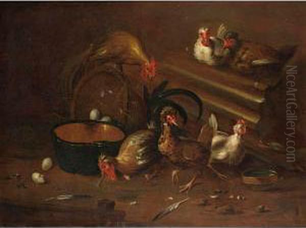 A Cockerel And Chickens In A Shed With An Earthenware Bowl And Baskets With Eggs Oil Painting by Baldassare De Caro