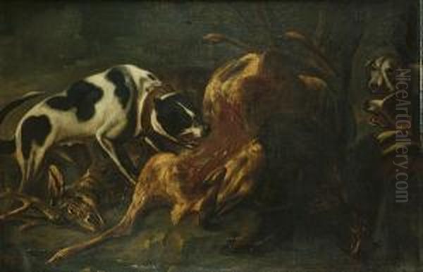 A Hunt Still Life Of A Dead 
Goose, Duck, Partridge And Song Birds With A Dog, Basket And A Rifle; 
And Hounds Attacking A Dead Deer In A Wooded Clearing Oil Painting by Baldassare De Caro