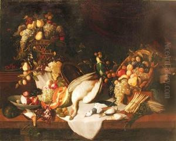 Natura Morta Con Ceste
Di Frutta, Stoviglie E Cacciagione Oil Painting by Baldassare De Caro