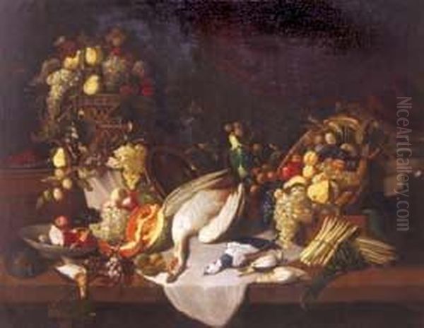 Natura Morta Con Ceste Di Frutta, Stoviglie E Cacciagione. Oil Painting by Baldassare De Caro